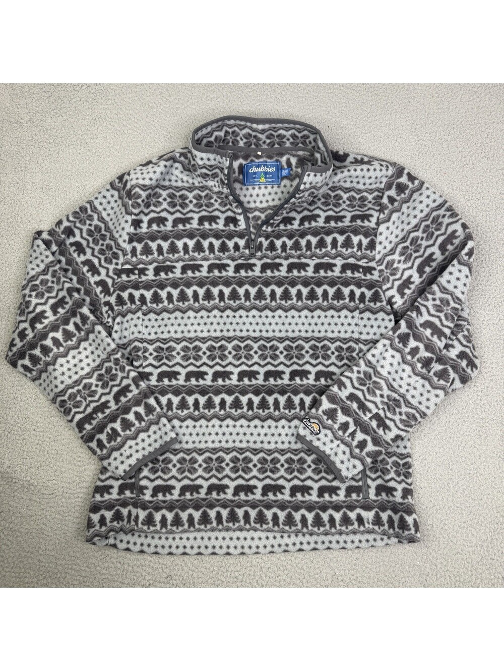 Chubbies Mens Quarter Zip Fleece Pullover Gray Bear AOP Outdoors Size XXL